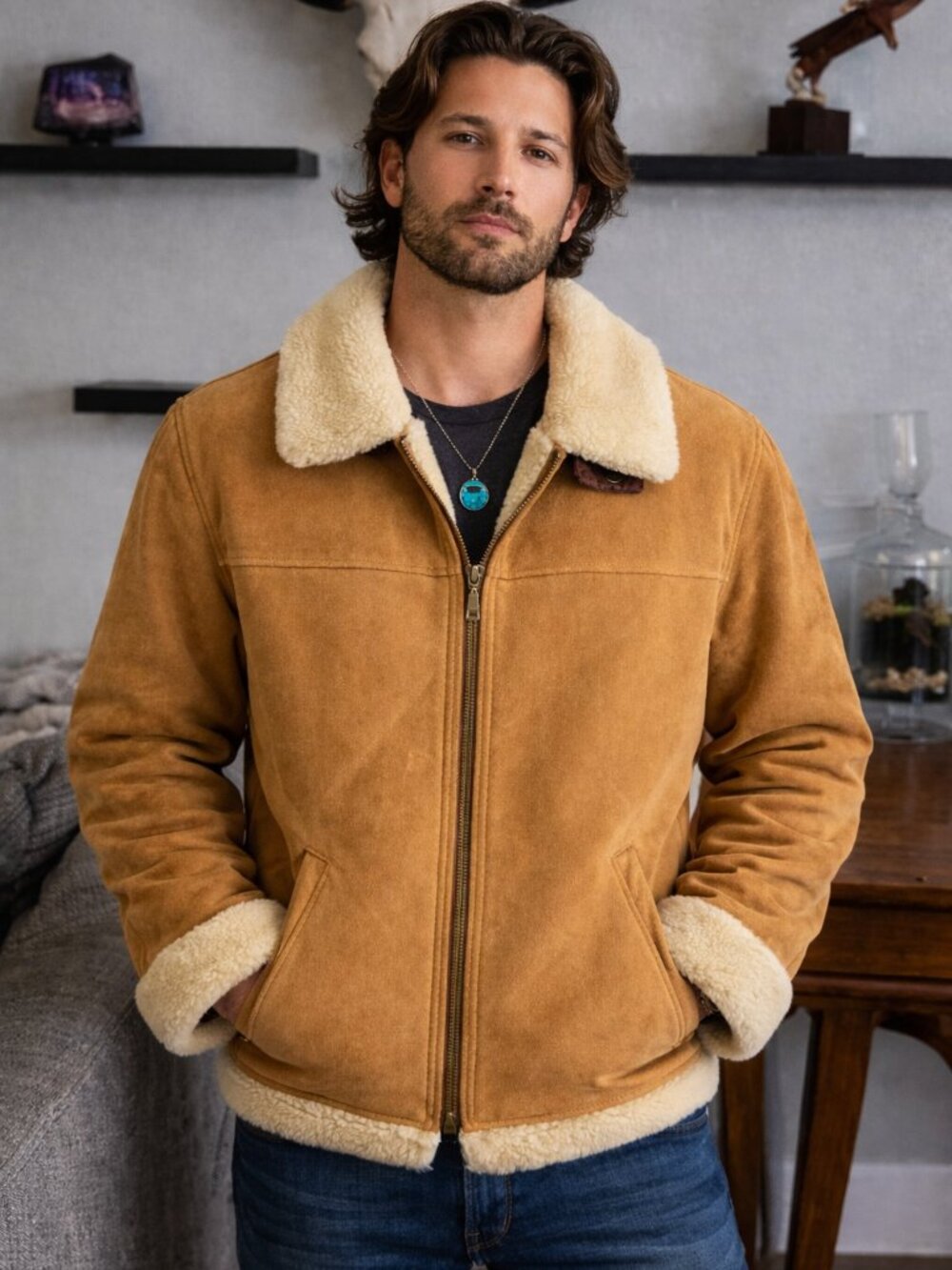Men’s Genuine Leather Shearling Jacket | Western Ranch Coat | Sherpa Lined | XL